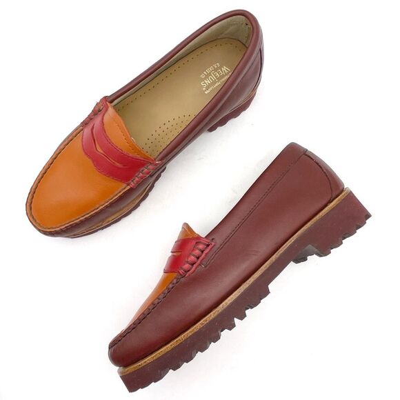 G.H. Bass Weejuns Penny Loafers Lug Sole Red Orange Leather Size 7 Preppy Fall - Picture 1 of 16